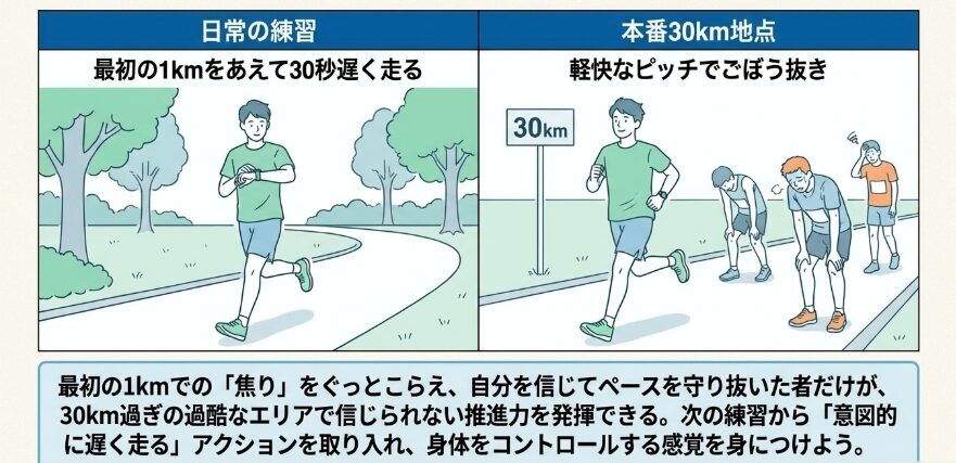 後半に足の痛みを残さず笑顔でゴールテープを切るために