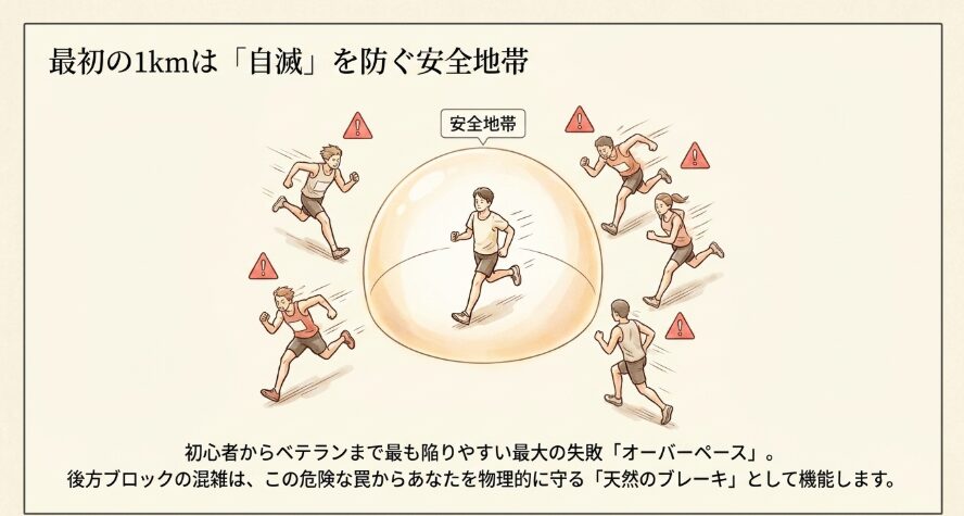 最初の1kmはむしろ安全地帯！オーバーペースを防ぐ「強制ブレーキ」
