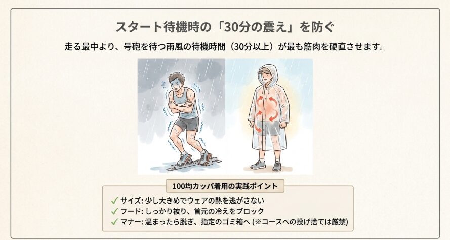 スタート前の震えを防ぐ100均カッパの活用法
