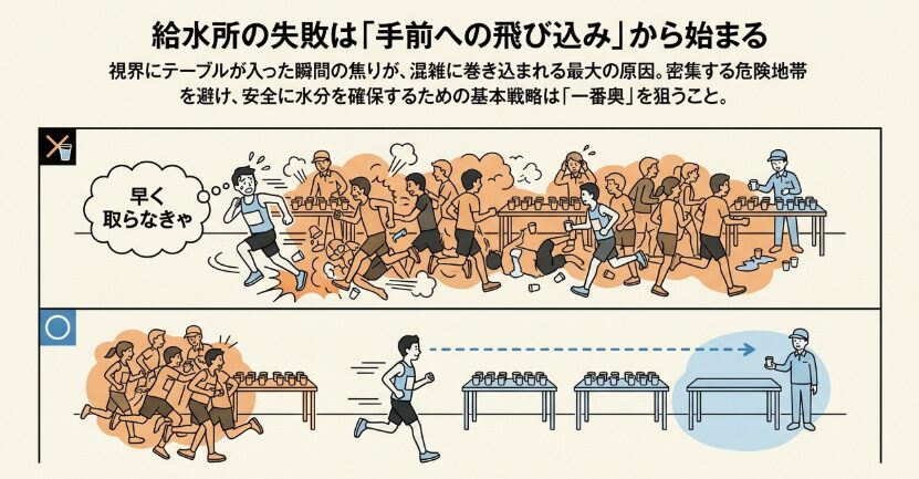 マラソン給水で失敗しない！コップが取れないを防ぐ一番奥のテーブル攻略法