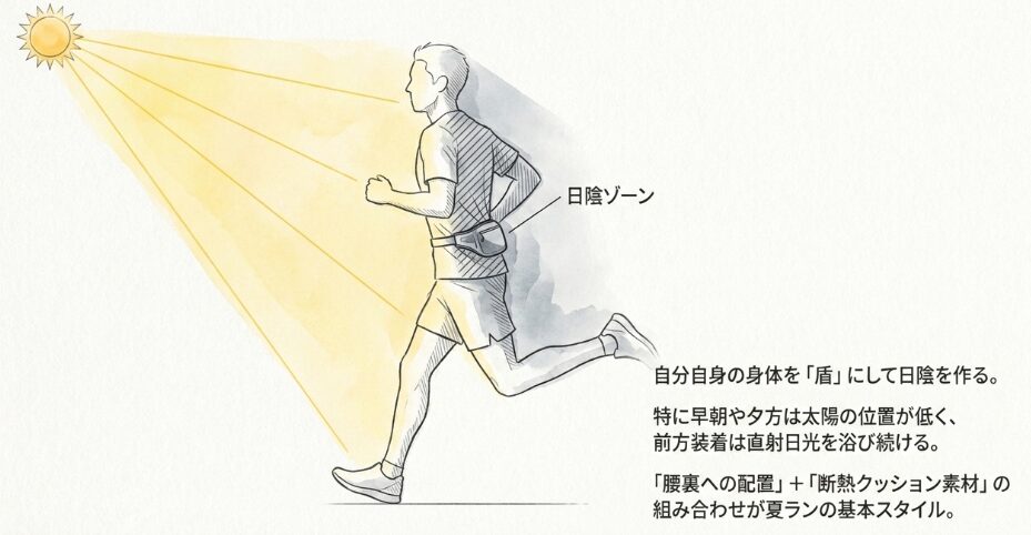 直接的な日差しを避ける背中や腰裏の配置