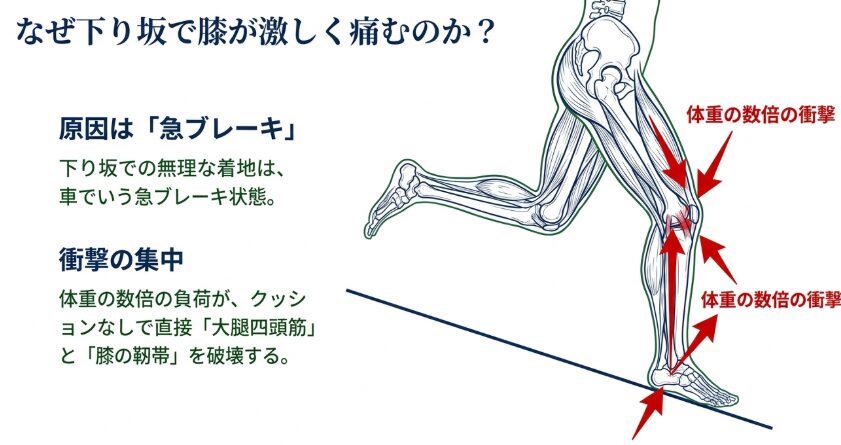 マラソンの下り坂で膝の痛みを出さないための走り方の基本