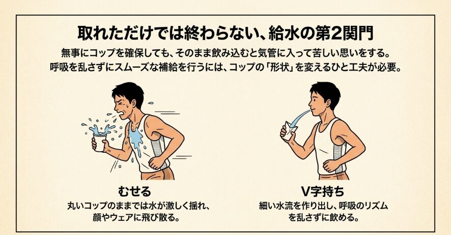走りながらでもむせない紙コップV字持ちの裏技