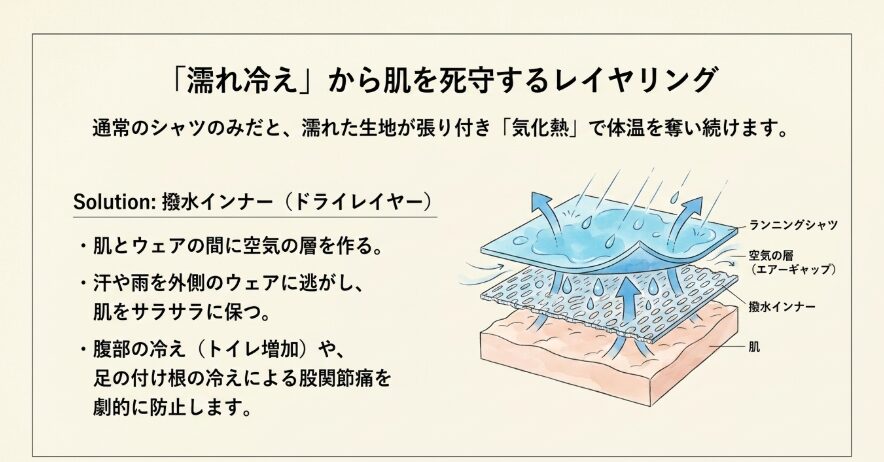 ファイントラック等の撥水インナーで肌を死守