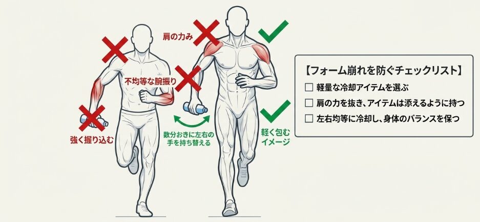 走りながら冷やす際にフォームを崩さないポイント