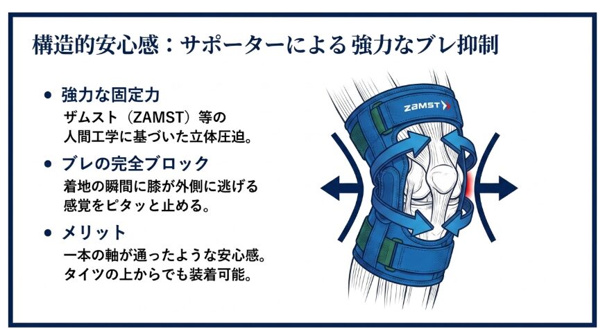ザムストのサポーターによる関節の左右ブレ抑制