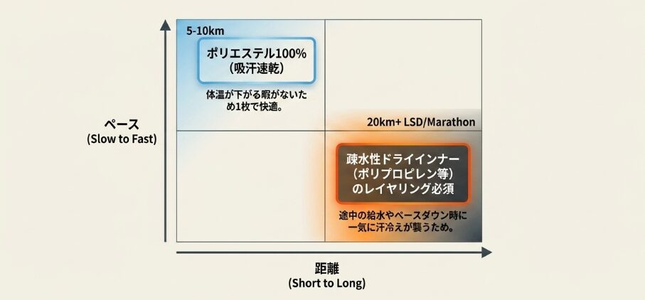走る距離やペースに合わせた素材の切り替え