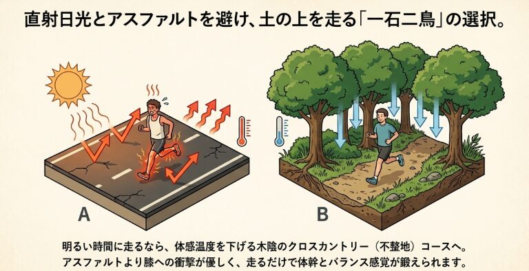 直射日光を避ける日陰ルートとクロスカントリーコース