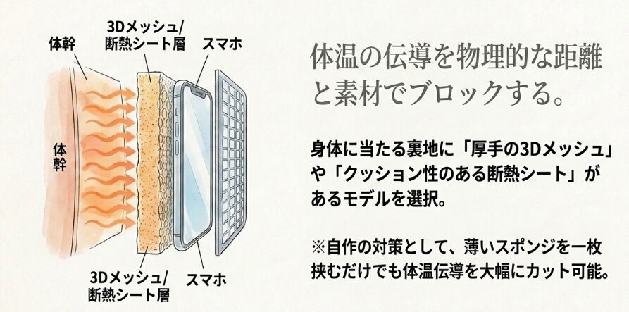 スマホと体温の接触を遮断する遮熱構造