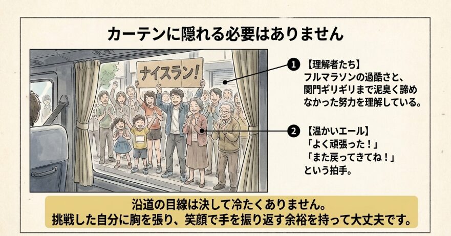 沿道の目線は冷たい？実際はエールに溢れたドナドナバス