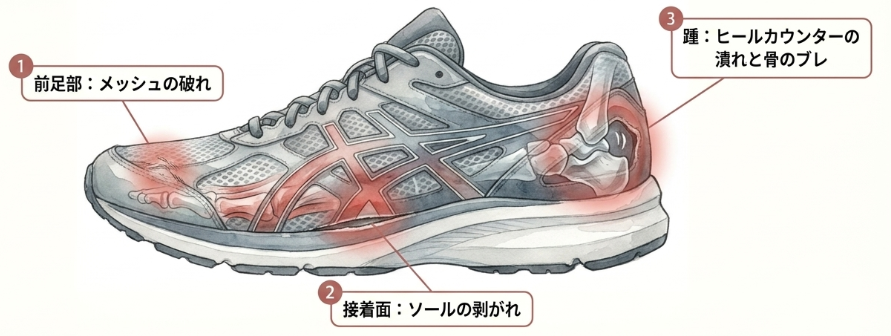 アッパー素材の破れやへたり