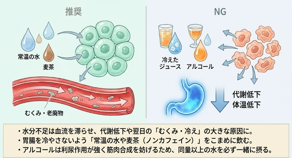 翌日に疲労を残さない水分補給と代謝UPテク