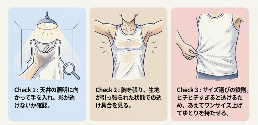 試着時に確認すべきフィット感と光の透け具合
