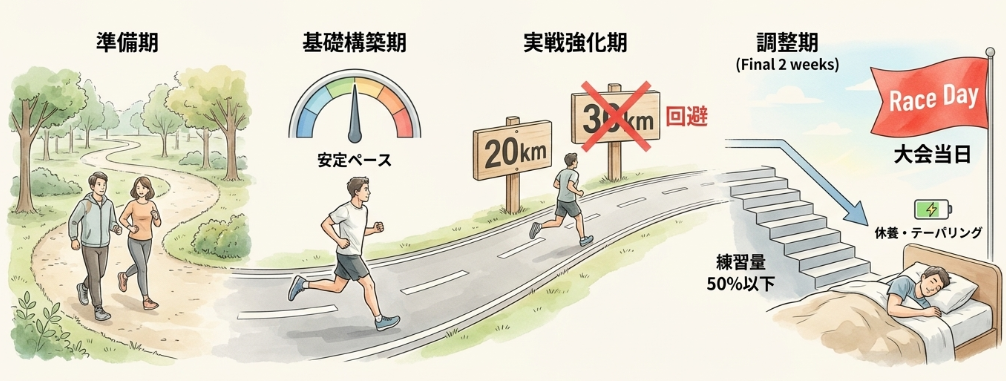 レース3ヶ月前からの段階的メニュー