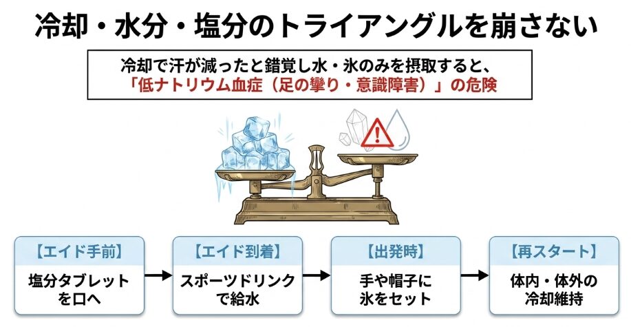 氷と一緒に水分と塩分を補給する重要性