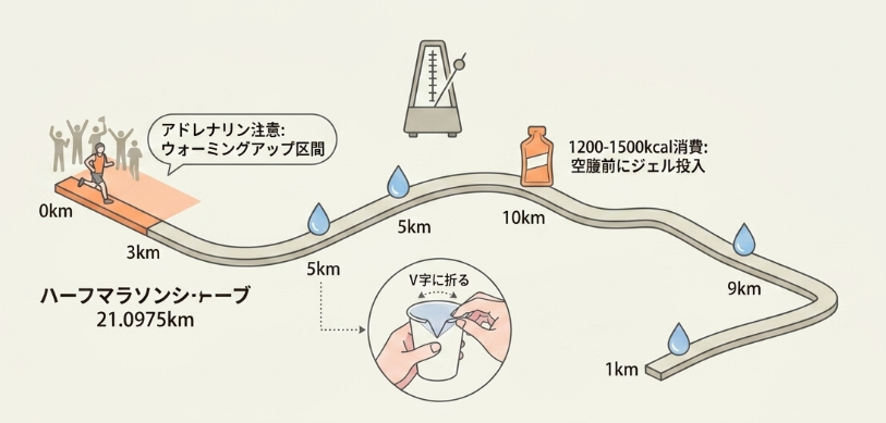 ハーフマラソン当日のペース配分と補給法