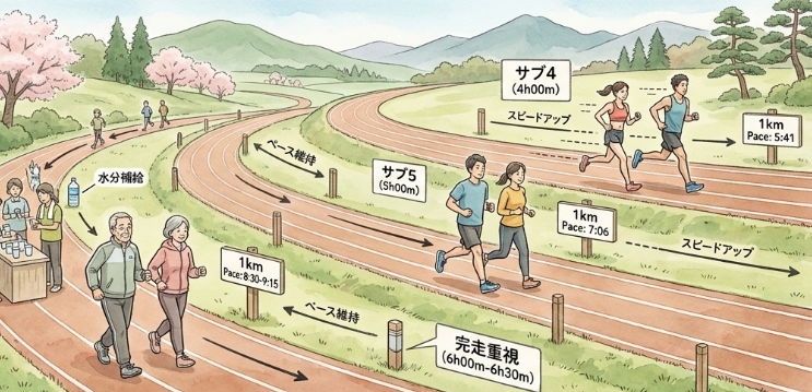 目標タイム別のペース配分表